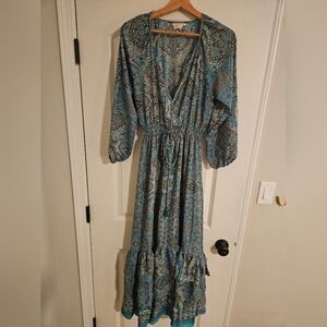 Bohemian Blue Maxi Dress with Paisley Print and Tassel Detail